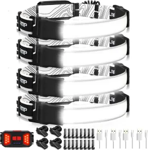 Adelante LED Headlamp Flashlight, 4Pack 1000LM 230Wide-Beam Rechargeable Head Lamp for Adults, Red Taillight & 16 Clips Waterproof Hard Hat Light Headlamps for Running Hiking and Camping