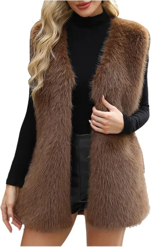 DDAPJ pyju Faux Fur Vest Jacket for Women Sleeveless Open Front Winter Warm Waistcoat Fluffy Fuzzy Gilet Coat Outerwear