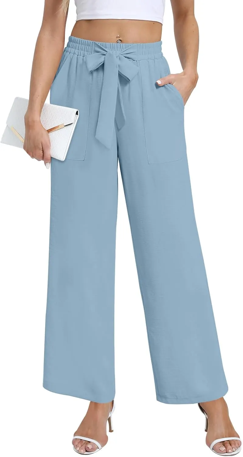 DouBCQ Women's Wide Leg Pants High Waist Flowy Tie Knot Trousers Business Casual Pants with Pockets
