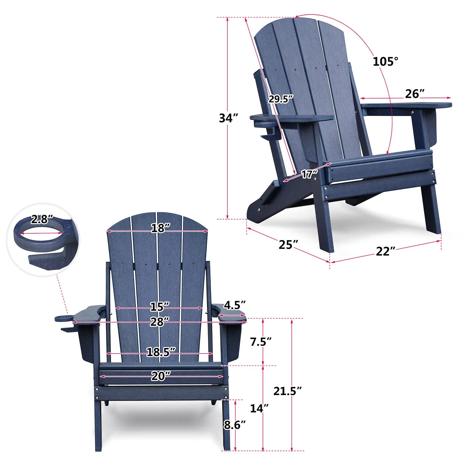 Folding Outdoor Adirondack Chair Set of 2 and Table Set,HDPE All-weather Folding Fire Pit Chair,  Ergonomic Design Patio Lawn Chair for Outside Deck Garden Backyardf Balcony, Navy Blue