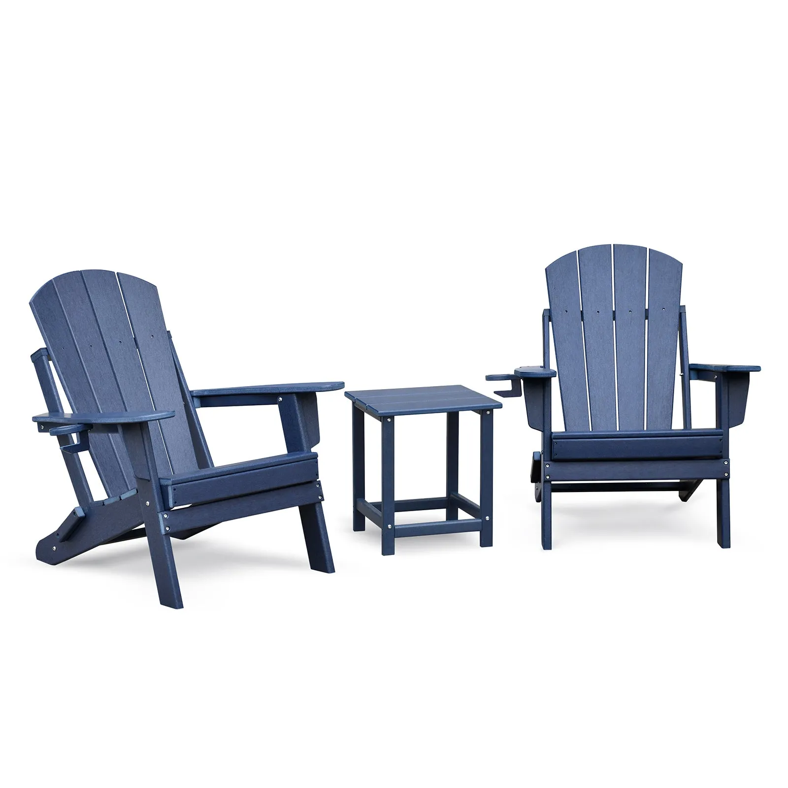 Folding Outdoor Adirondack Chair Set of 2 and Table Set,HDPE All-weather Folding Fire Pit Chair,  Ergonomic Design Patio Lawn Chair for Outside Deck Garden Backyardf Balcony, Navy Blue