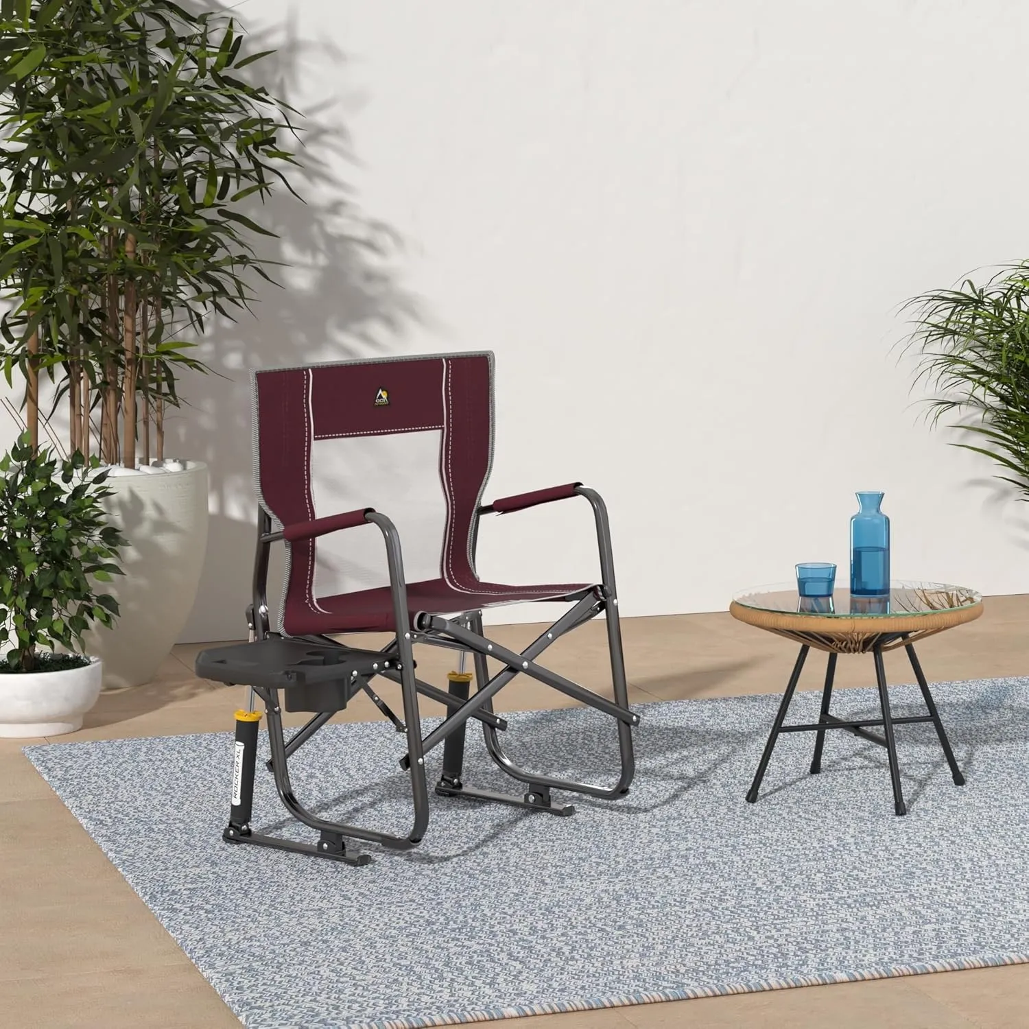 GCI OUTDOOR Freestyle Rocker XL with Side Table Camping Chair | Portable Folding Rocking Chair with Solid, Durable Armrests, Drink Holder & Comfortable Backrest  Red