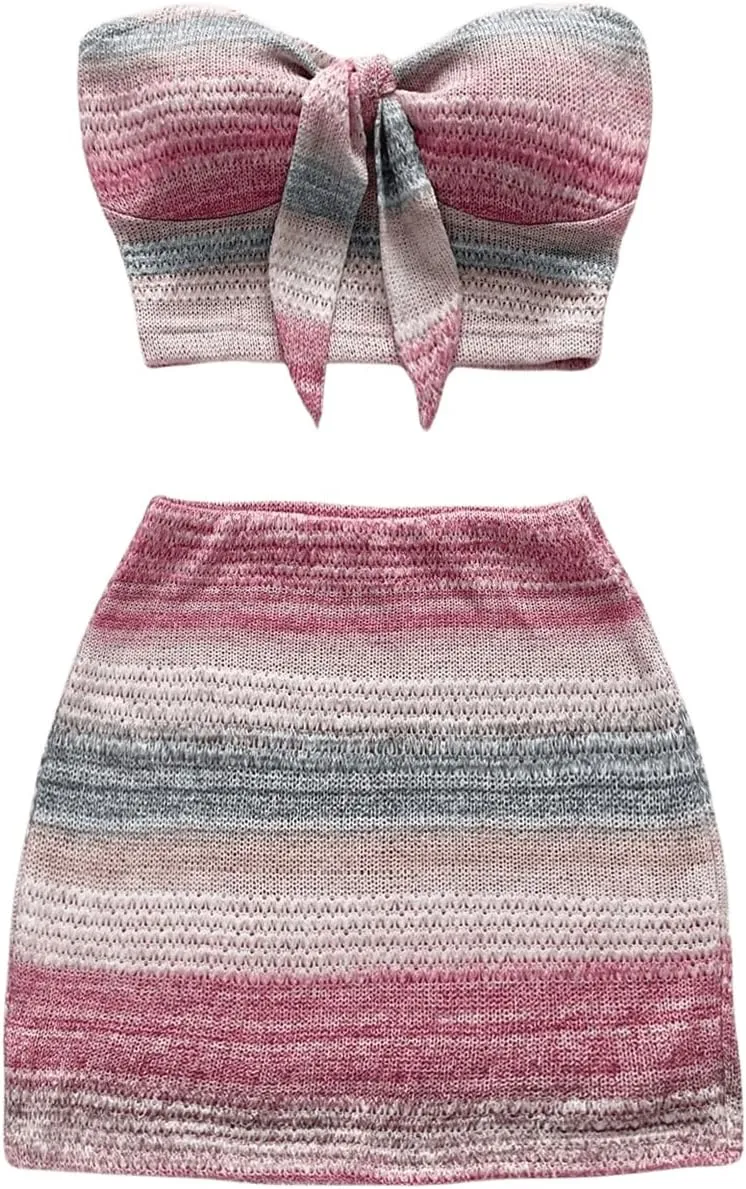 GORGLITTER Women's Mini Skirt Set Striped Knot Front Strapless Crop Tube Top and High Waisted Bodycon Short Skirts