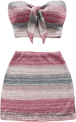 GORGLITTER Women's Mini Skirt Set Striped Knot Front Strapless Crop Tube Top and High Waisted Bodycon Short Skirts