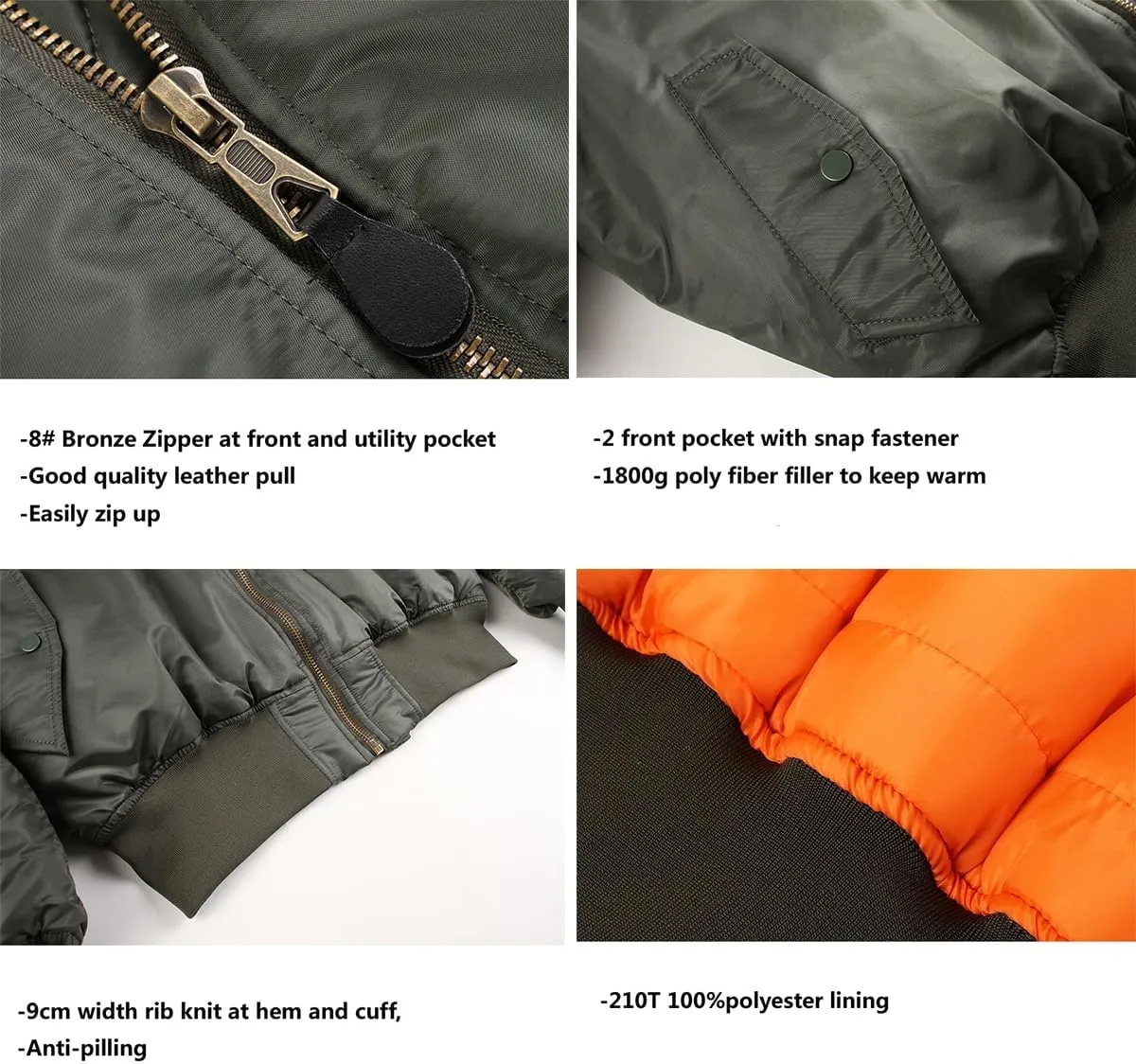 Hooded Men's MA-1 Bomber Flight Jacket Winter Coat