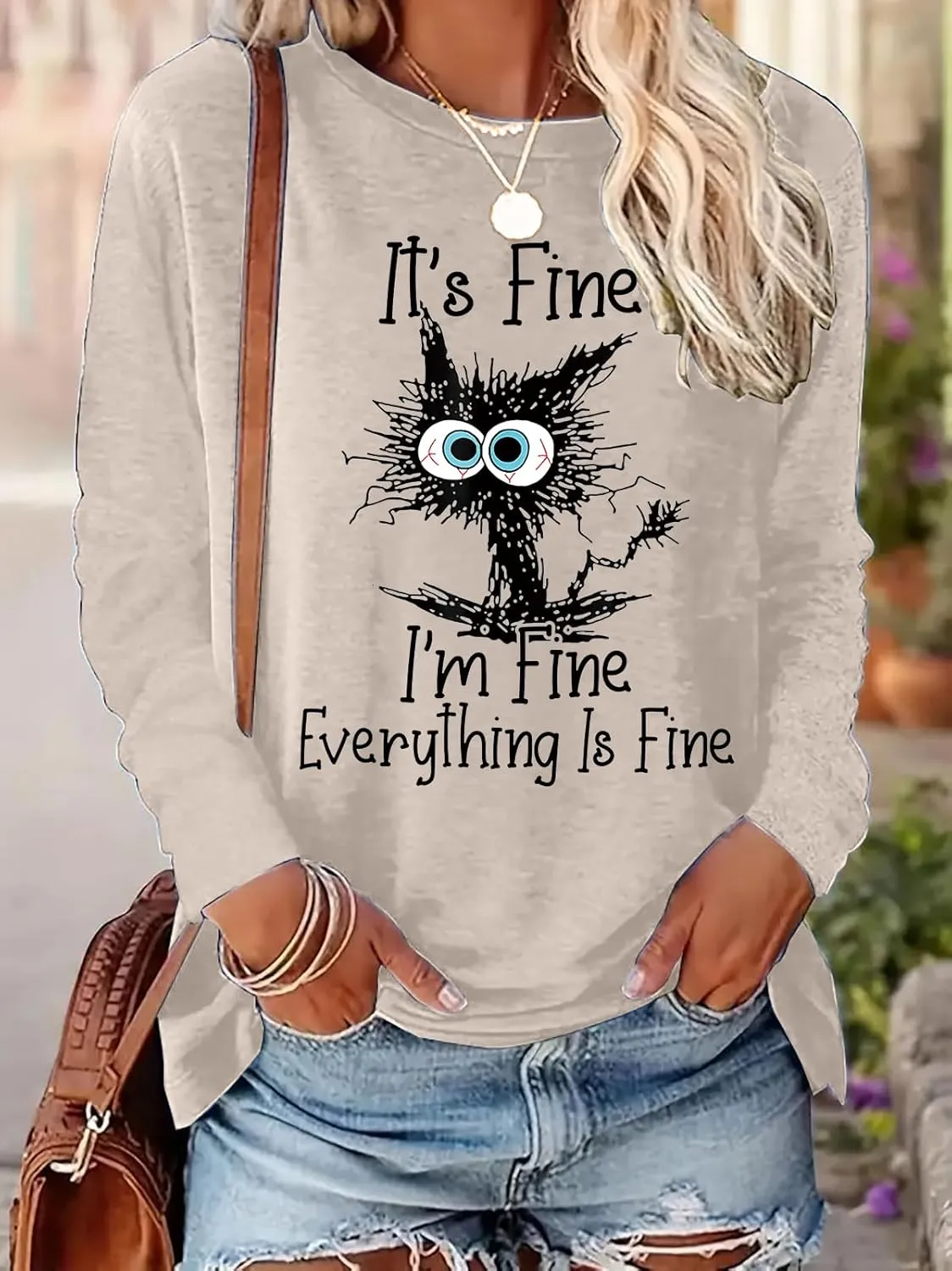 It's Fine I'm Fine Everything is Fine Funny Cat Printed T-Shirt for Women Long Sleeve