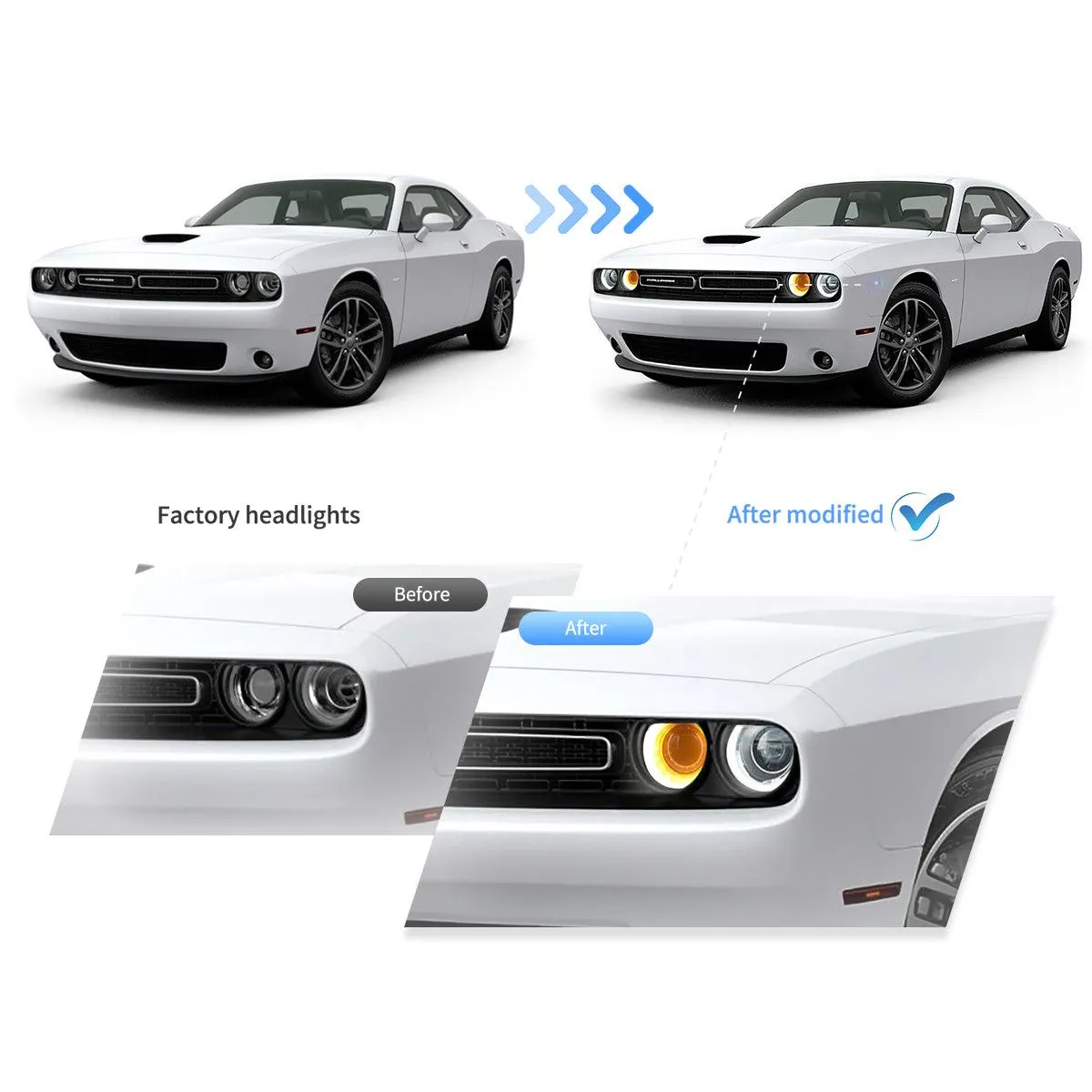 LED Headlight Assembly Dual Beam Projector Black For 2015-2023 Dodge Challenger 3th Gen Facelifted