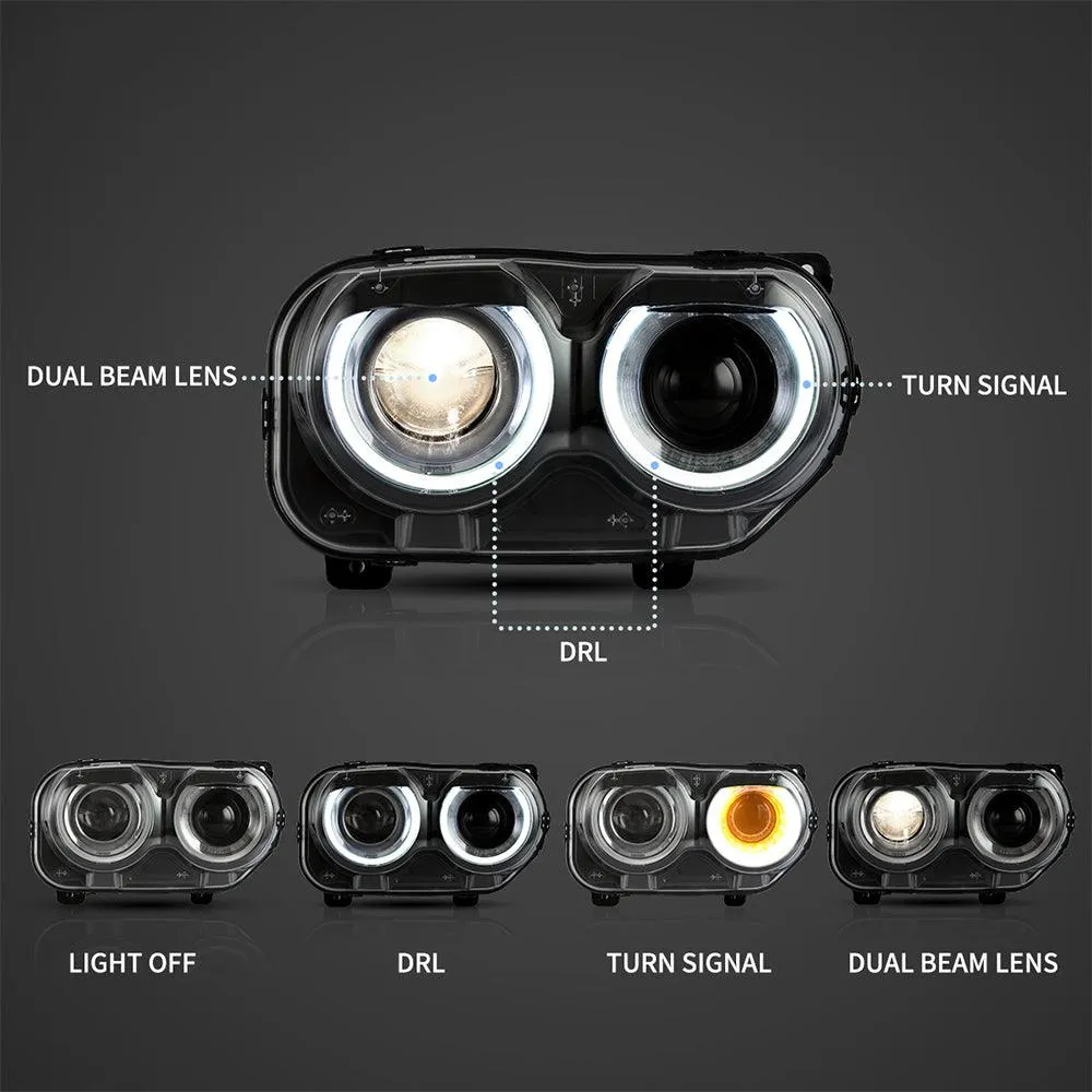 LED Headlight Assembly Dual Beam Projector Black For 2015-2023 Dodge Challenger 3th Gen Facelifted
