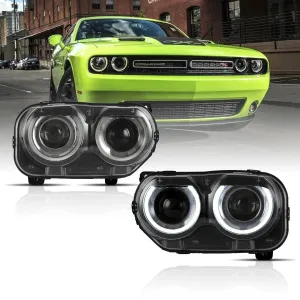LED Headlight Assembly Dual Beam Projector Black For 2015-2023 Dodge Challenger 3th Gen Facelifted