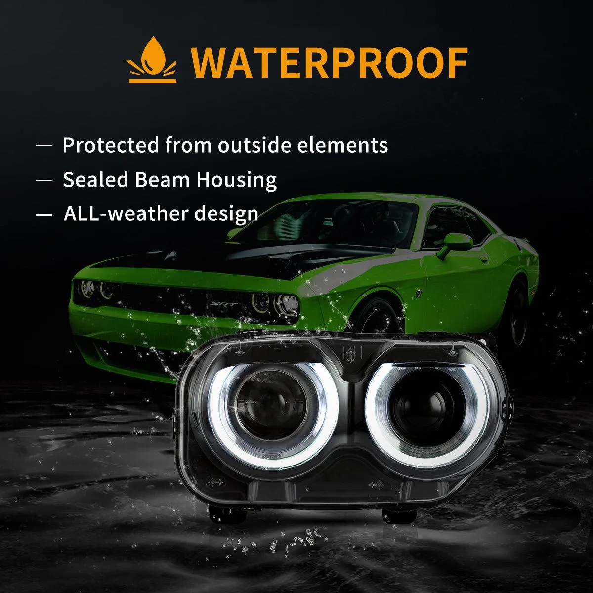 LED Headlight Assembly Dual Beam Projector Black For 2015-2023 Dodge Challenger 3th Gen Facelifted