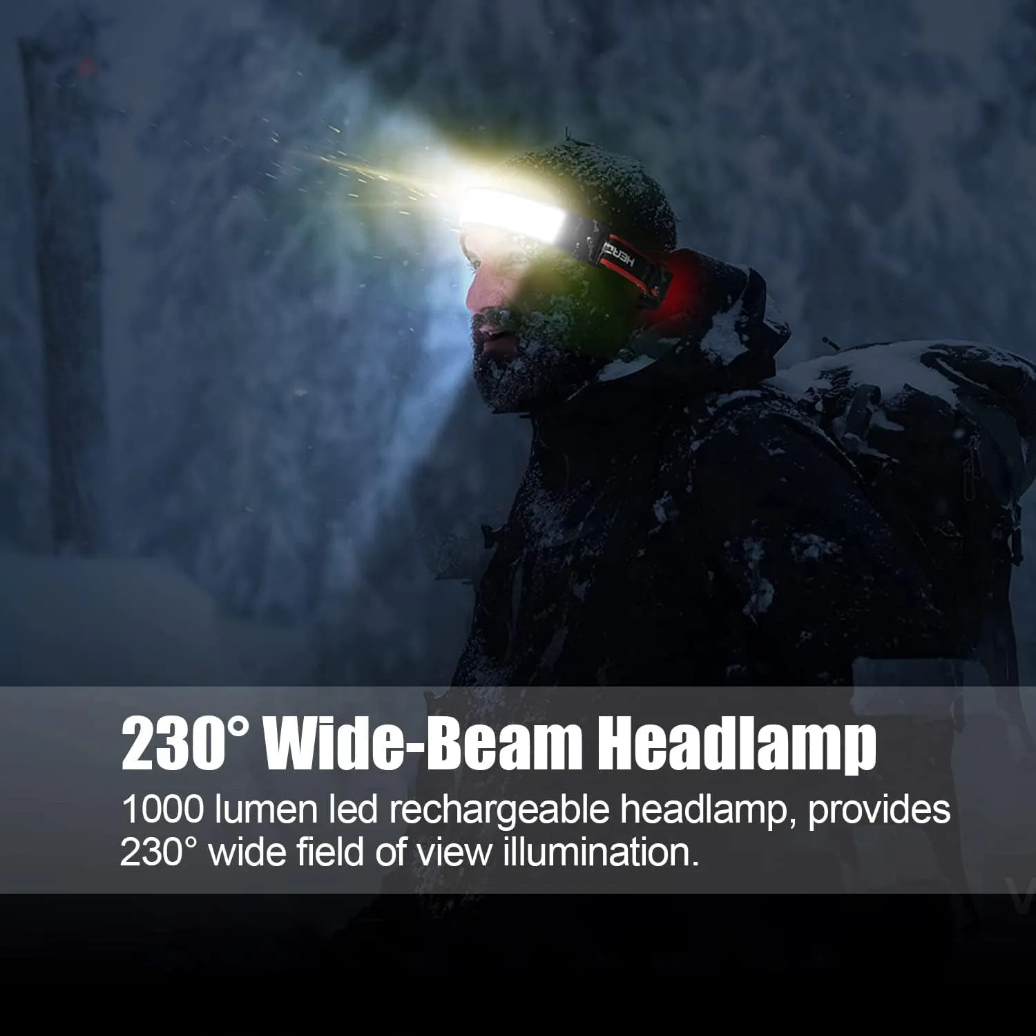 LED Rechargeable Headlamp, 1000lumens 230 Widebeam Headlight, USB Rechargeable Head Lamp with Red Taillight, Lightweight Waterproof Headlamps for Camping Running Hiking, Hard Hat Headlamp