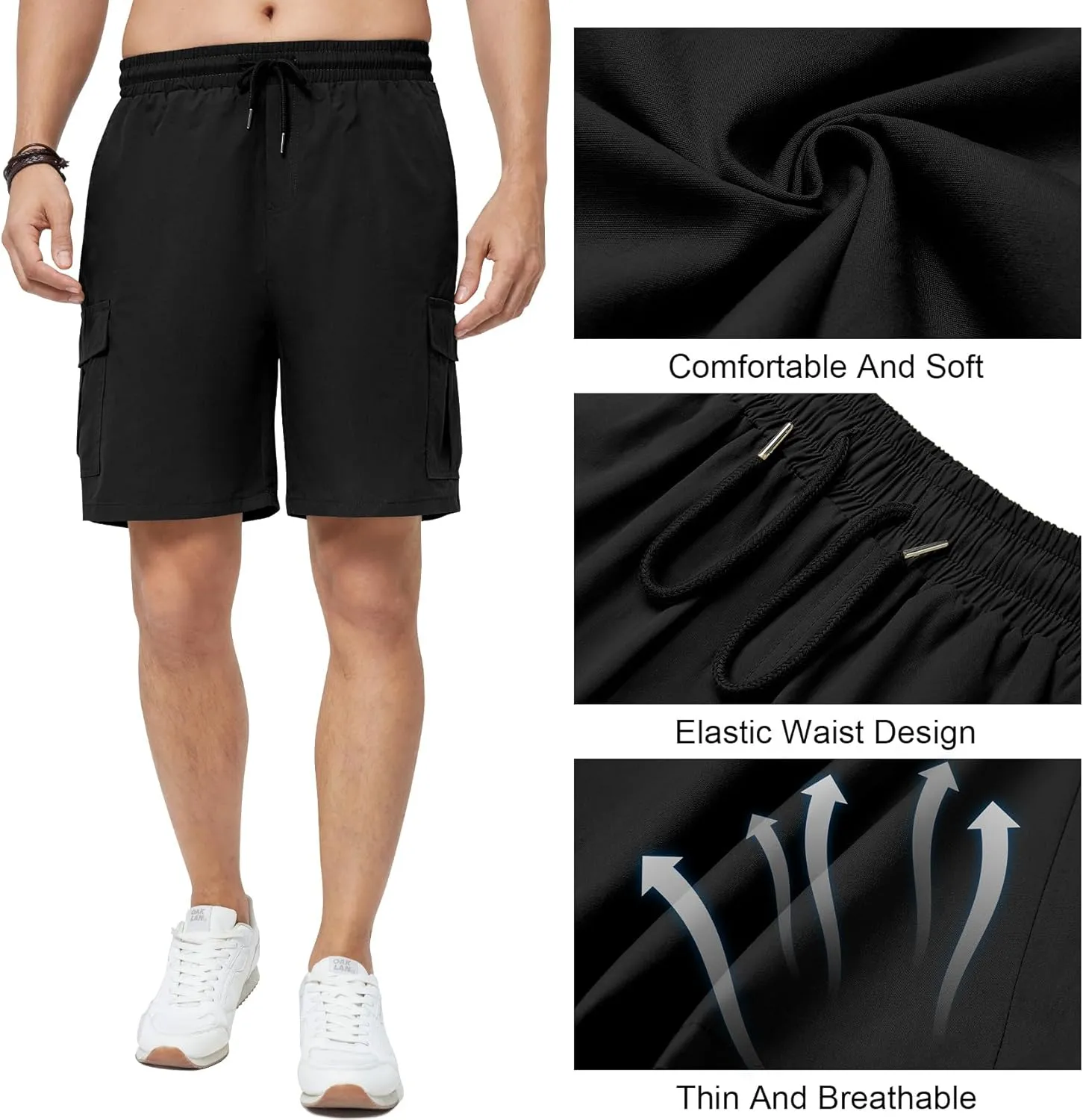 Men's Cargo Shorts Casual Elastic Waist Drawstring Lightweight Cotton Shorts with 5 Pockets for Athletic Camping