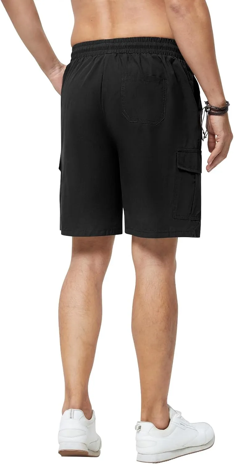 Men's Cargo Shorts Casual Elastic Waist Drawstring Lightweight Cotton Shorts with 5 Pockets for Athletic Camping