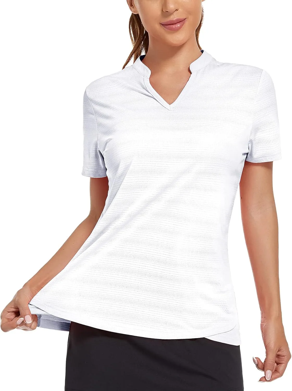 MIER Women's Golf Polo Shirts Collarless Short Sleeve Tennis Running T-Shirts V-Neck Cooling Summer Tee