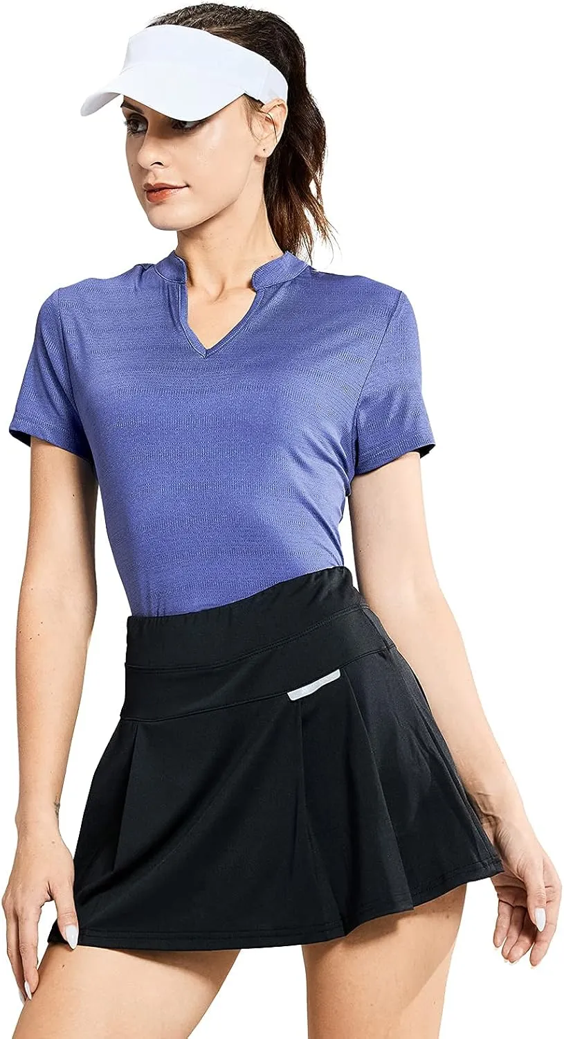 MIER Women's Golf Polo Shirts Collarless Short Sleeve Tennis Running T-Shirts V-Neck Cooling Summer Tee