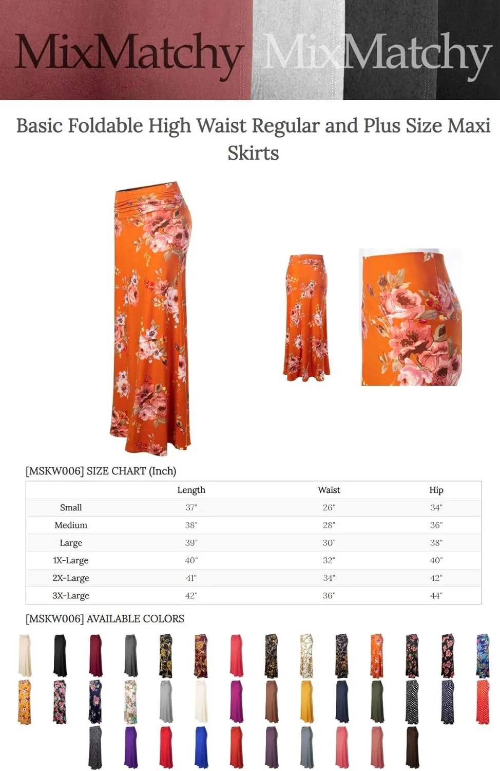 MixMatchy Women's Basic Foldable High Waist Regular and Plus Size Maxi Skirts