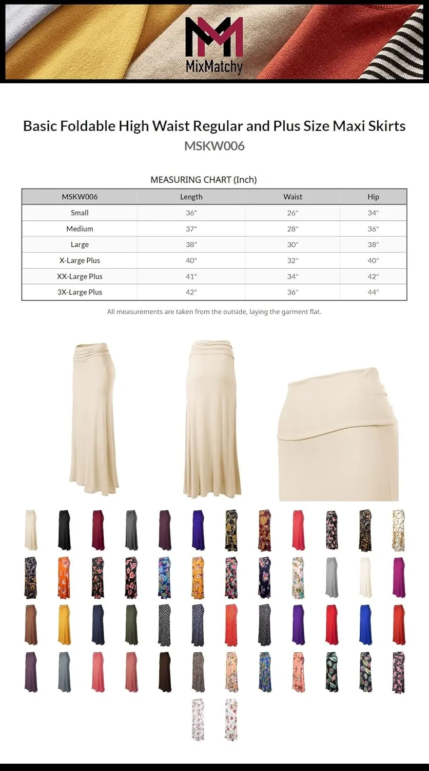 MixMatchy Women's Basic Foldable High Waist Regular and Plus Size Maxi Skirts