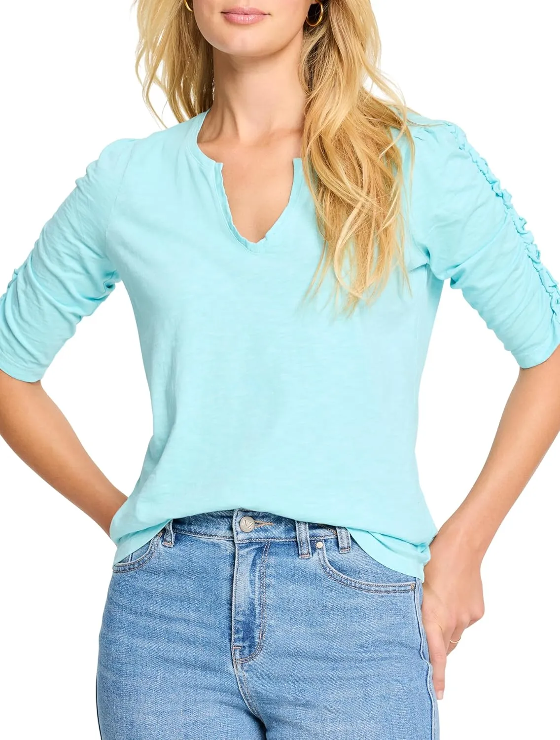 NIC ZOE Women's Ruched Elbow Sleeve Split Neck Tee