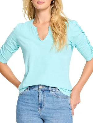 NIC ZOE Women's Ruched Elbow Sleeve Split Neck Tee