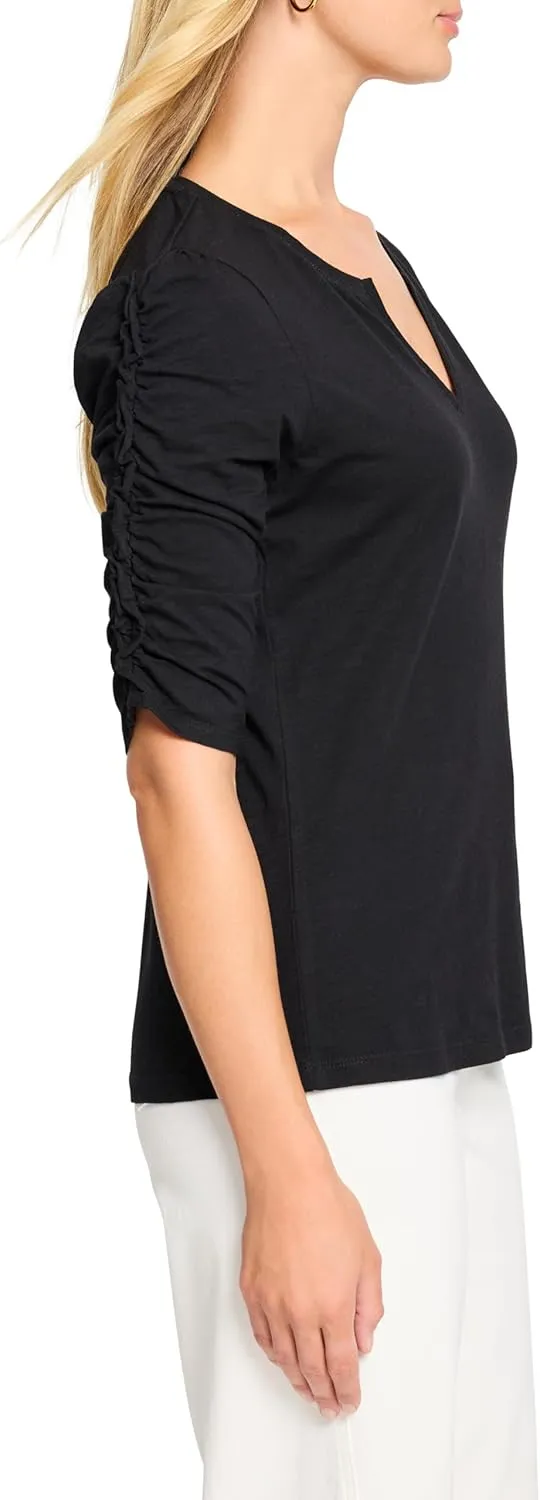NIC ZOE Women's Ruched Elbow Sleeve Split Neck Tee