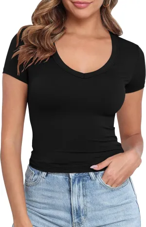 PALINDA V Neck Slim Fitted Shirts for Women Basic Casual Short Sleeve T Shirts Going Out Tops Sexy Y2K Tees