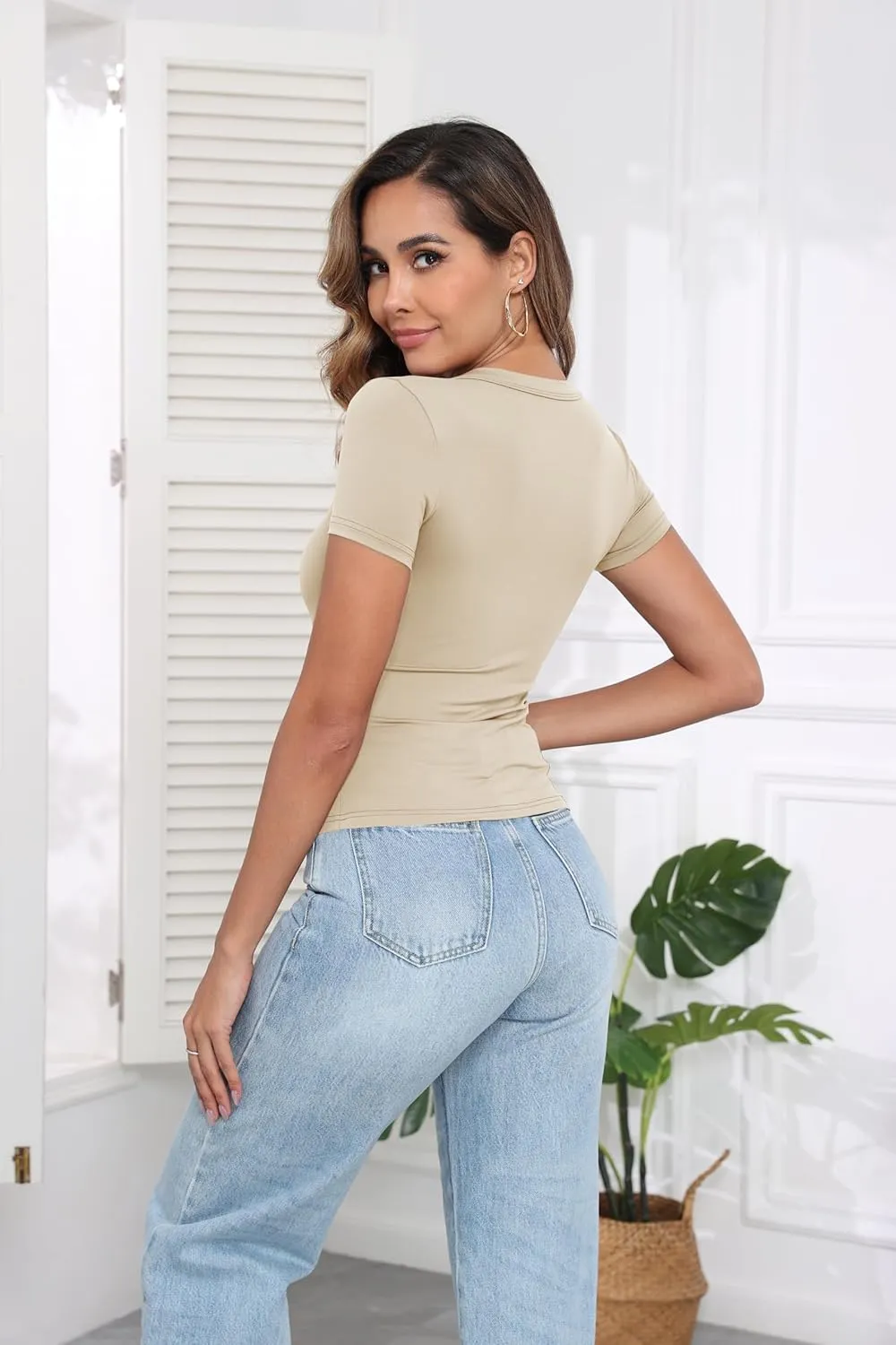 PALINDA V Neck Slim Fitted Shirts for Women Basic Casual Short Sleeve T Shirts Going Out Tops Sexy Y2K Tees