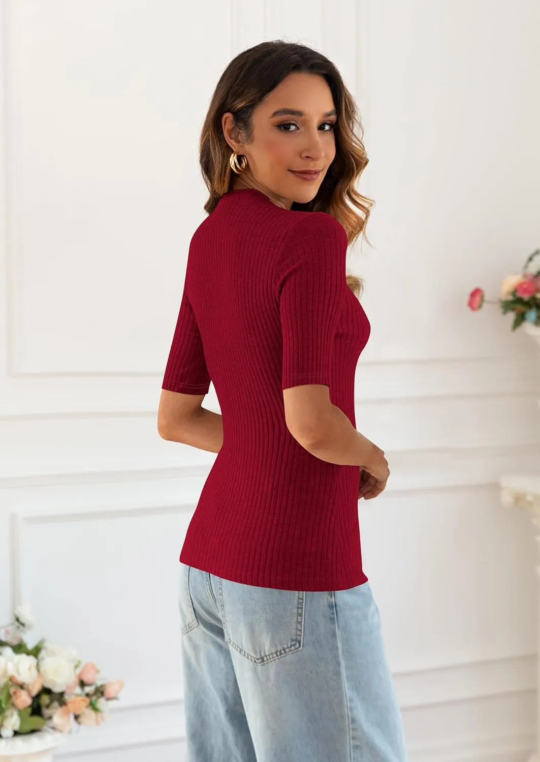 Poetsky Women's Summer Short Sleeve Tops Casual Turtleneck Elbow Ribbed Fitted Basic Shirts