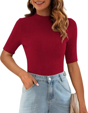 Poetsky Women's Summer Short Sleeve Tops Casual Turtleneck Elbow Ribbed Fitted Basic Shirts