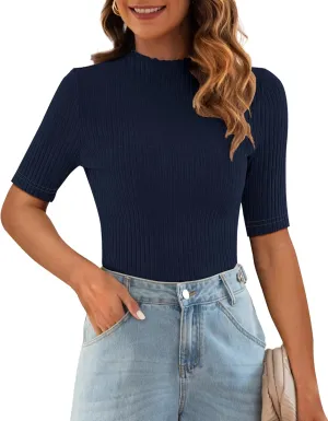 Poetsky Women's Summer Short Sleeve Tops Casual Turtleneck Elbow Ribbed Fitted Basic Shirts