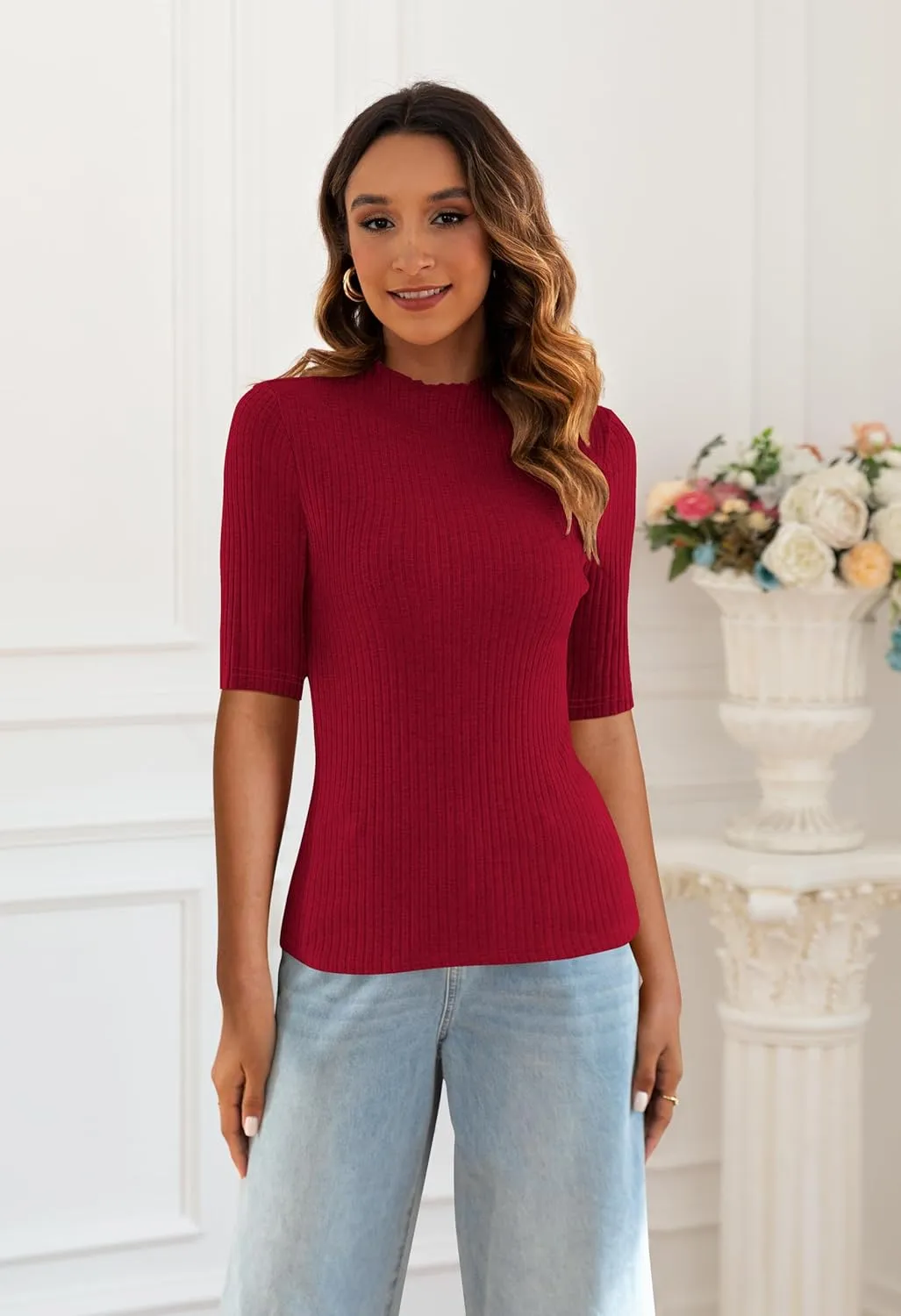 Poetsky Women's Summer Short Sleeve Tops Casual Turtleneck Elbow Ribbed Fitted Basic Shirts