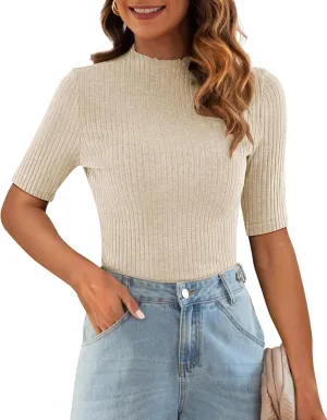 Poetsky Women's Summer Short Sleeve Tops Casual Turtleneck Elbow Ribbed Fitted Basic Shirts