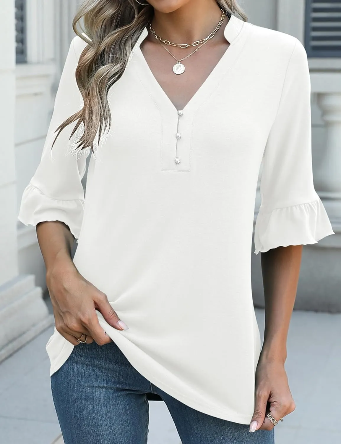Rapbin Womens 3/4 Length Sleeve Blouses Ruffle Cuffs V Neck Button Down Shirts Dressy Flowy Tunic Tops