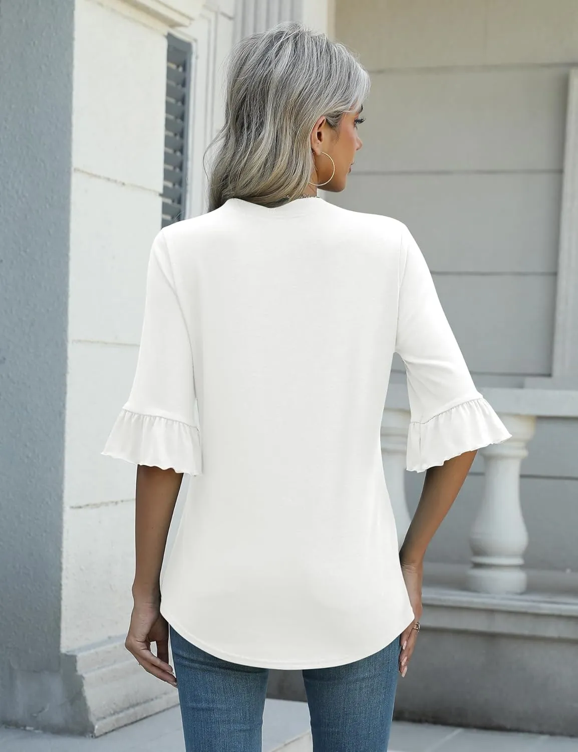 Rapbin Womens 3/4 Length Sleeve Blouses Ruffle Cuffs V Neck Button Down Shirts Dressy Flowy Tunic Tops