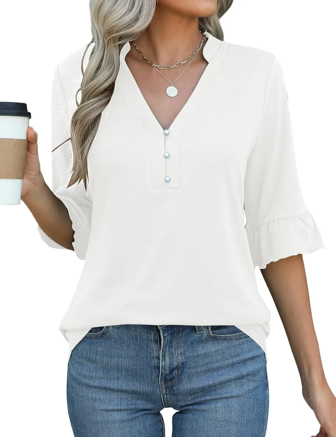 Rapbin Womens 3/4 Length Sleeve Blouses Ruffle Cuffs V Neck Button Down Shirts Dressy Flowy Tunic Tops