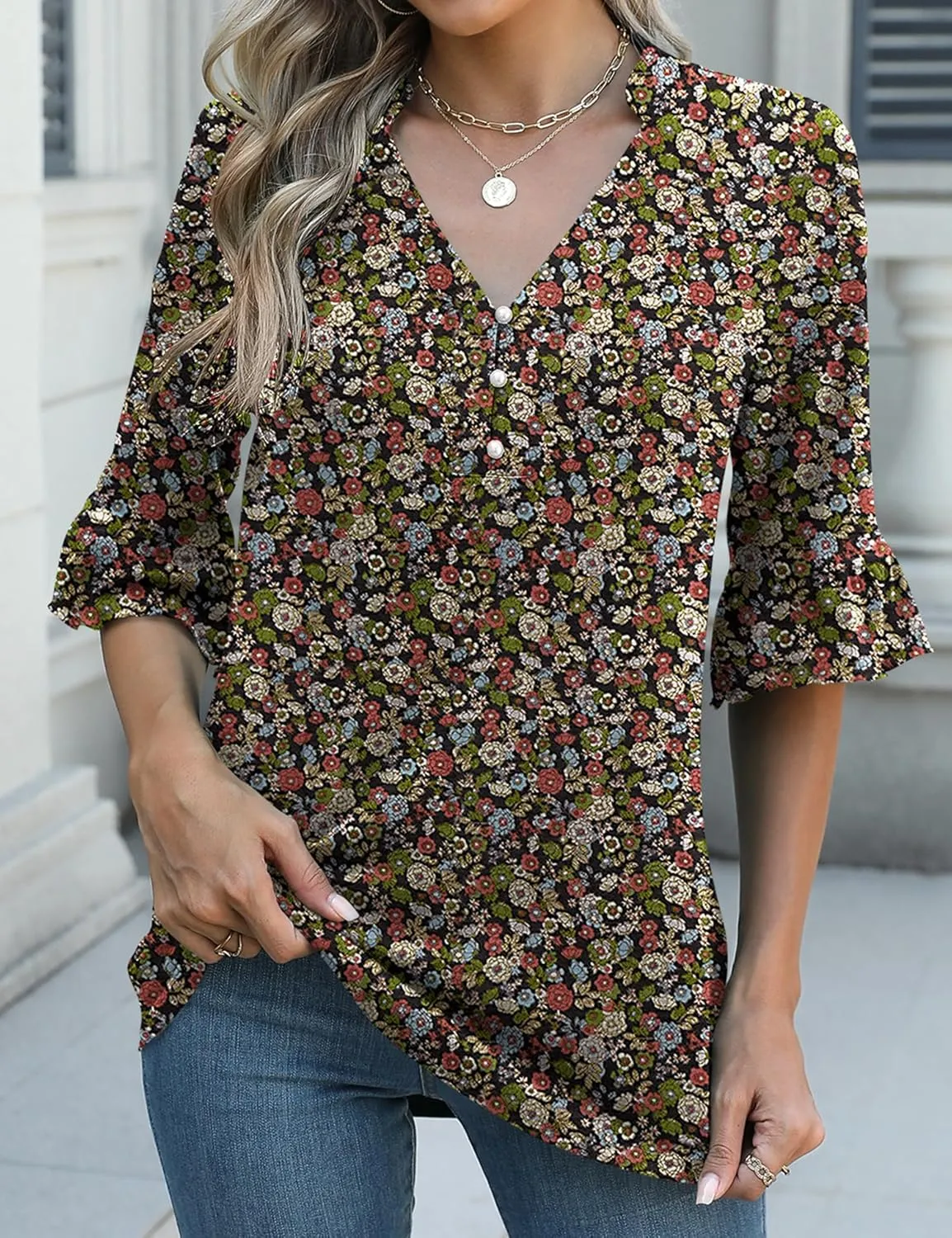 Rapbin Womens 3/4 Length Sleeve Blouses Ruffle Cuffs V Neck Button Down Shirts Dressy Flowy Tunic Tops