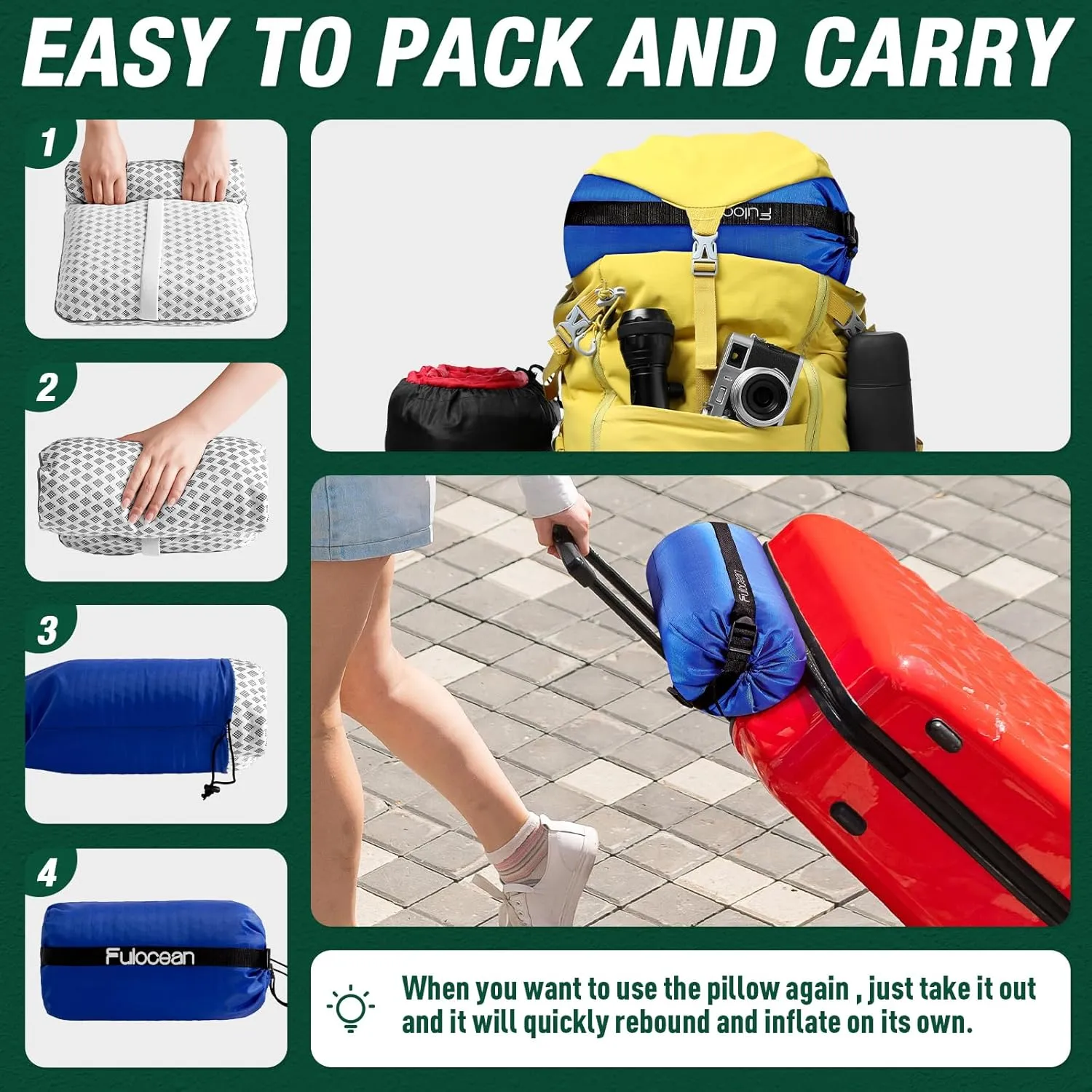 Small Cooling Memory Foam Travel & Camping Pillow for Airplanes & Car Sleeping,Medium Firm Camp Pillow for Backpacking & Hiking with Washable Cover, Compact Portable Bag, Contoured Support, Waterproof