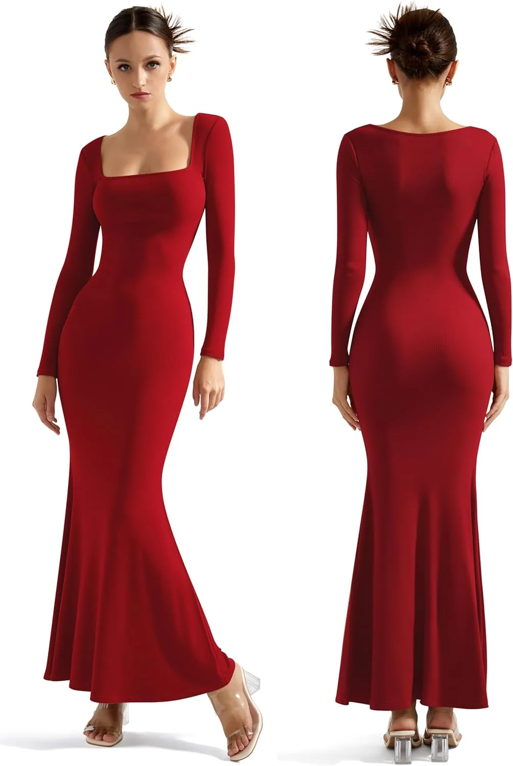 SUUKSESS Women Ribbed Maxi Long Sleeve Dress Square Neck Sexy Bodycon Dresses