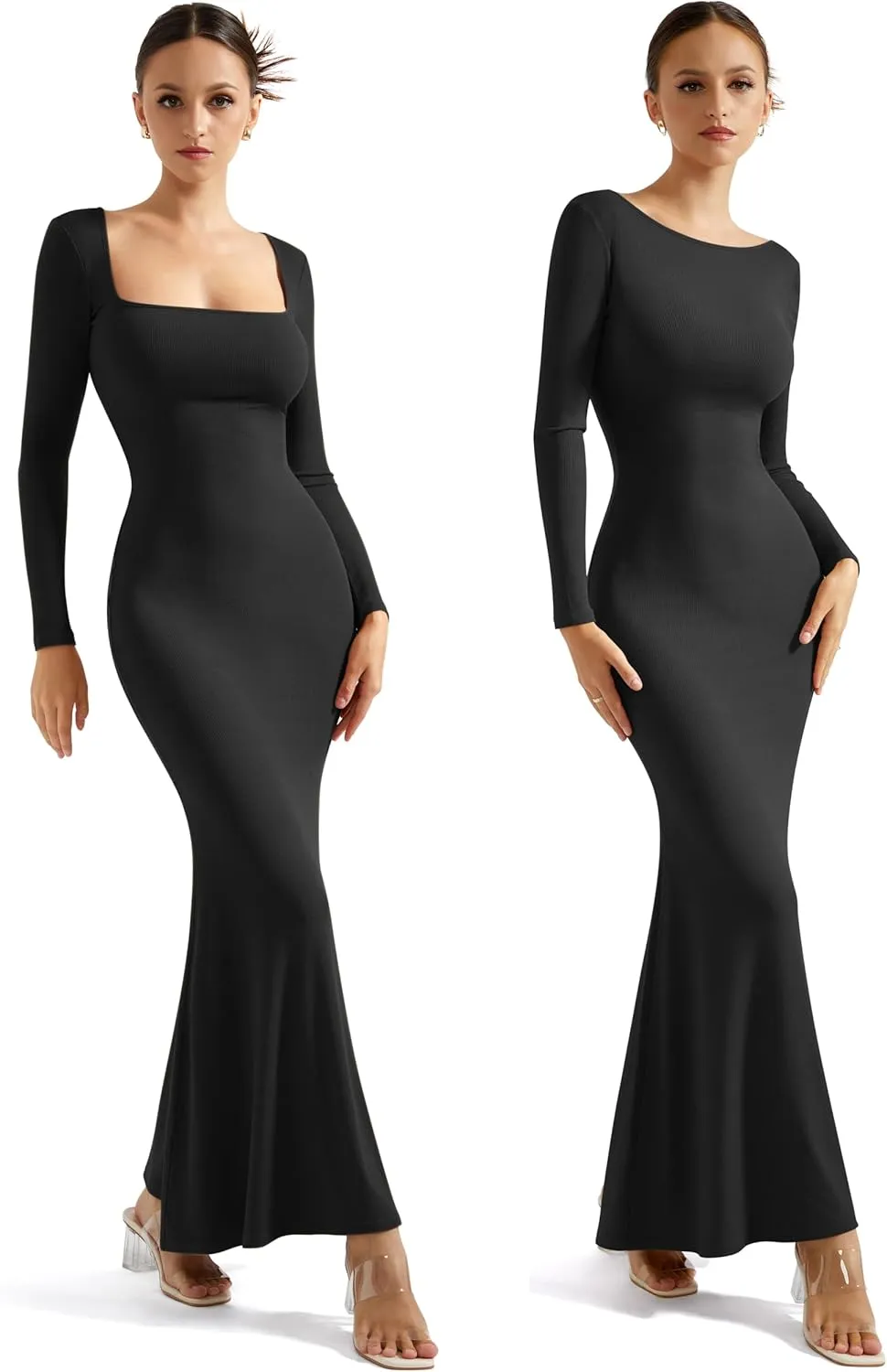 SUUKSESS Women Ribbed Maxi Long Sleeve Dress Square Neck Sexy Bodycon Dresses
