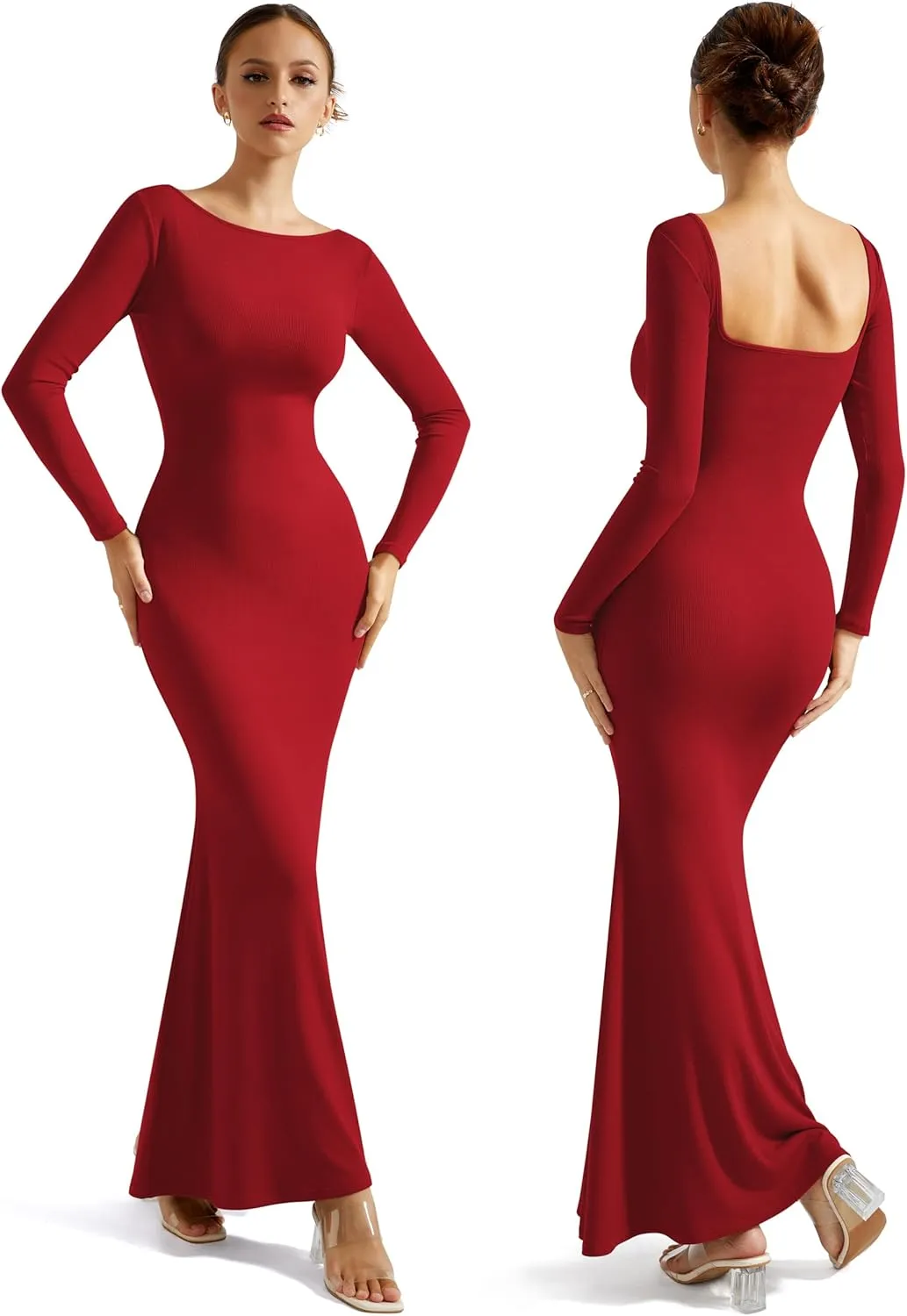 SUUKSESS Women Ribbed Maxi Long Sleeve Dress Square Neck Sexy Bodycon Dresses