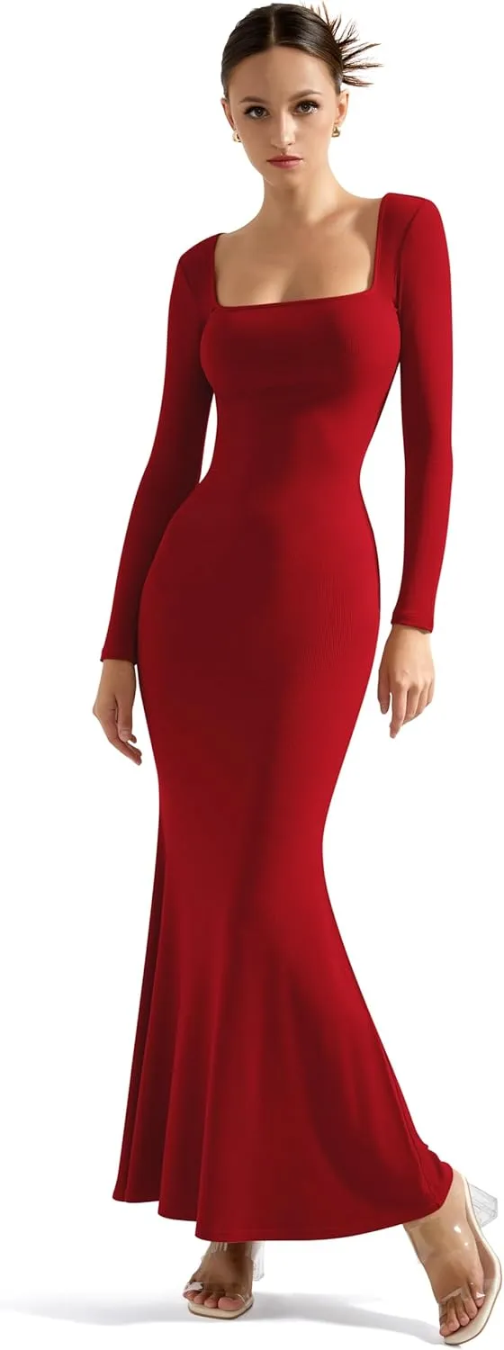 SUUKSESS Women Ribbed Maxi Long Sleeve Dress Square Neck Sexy Bodycon Dresses