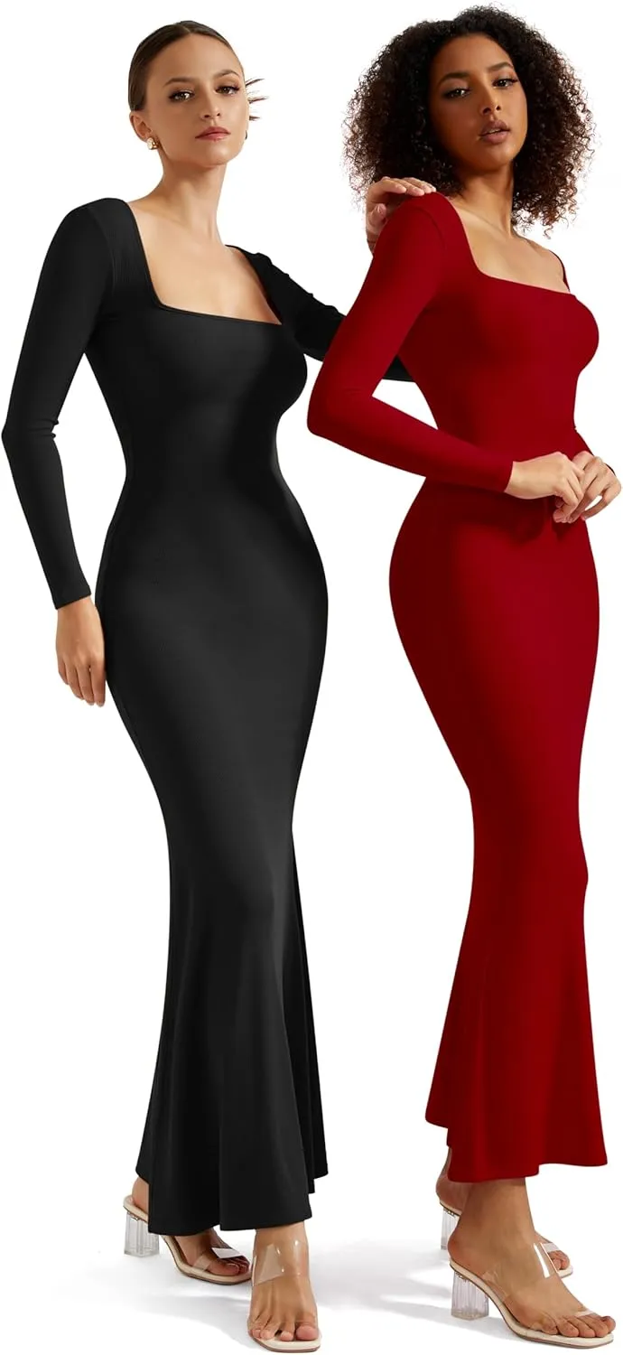 SUUKSESS Women Ribbed Maxi Long Sleeve Dress Square Neck Sexy Bodycon Dresses
