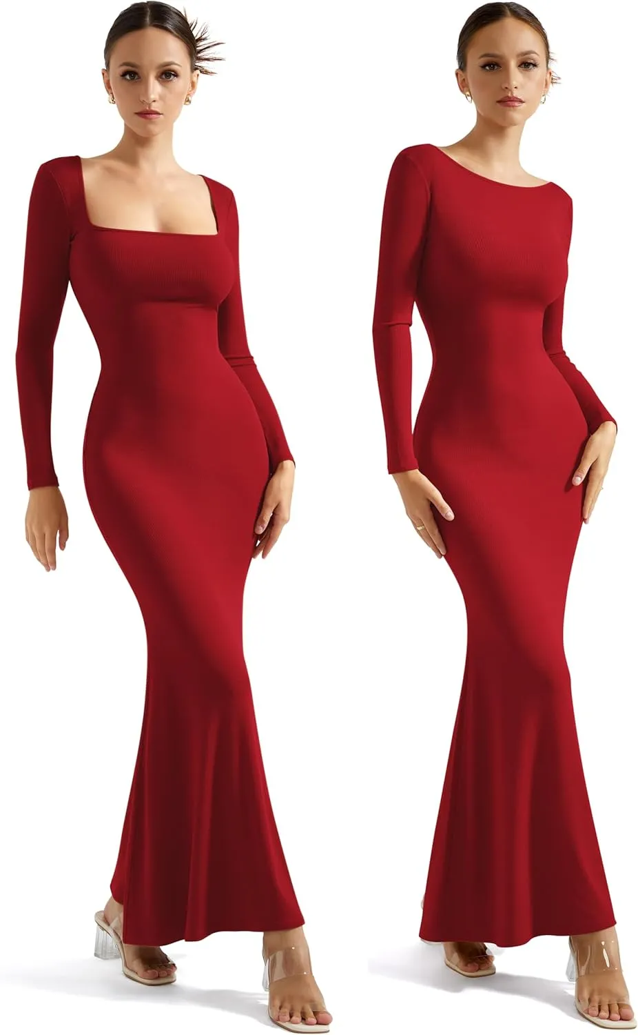 SUUKSESS Women Ribbed Maxi Long Sleeve Dress Square Neck Sexy Bodycon Dresses