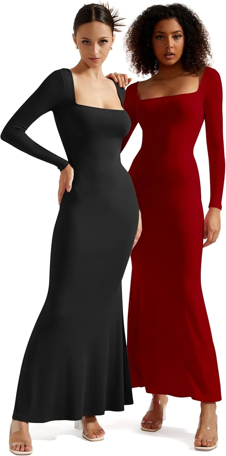 SUUKSESS Women Ribbed Maxi Long Sleeve Dress Square Neck Sexy Bodycon Dresses