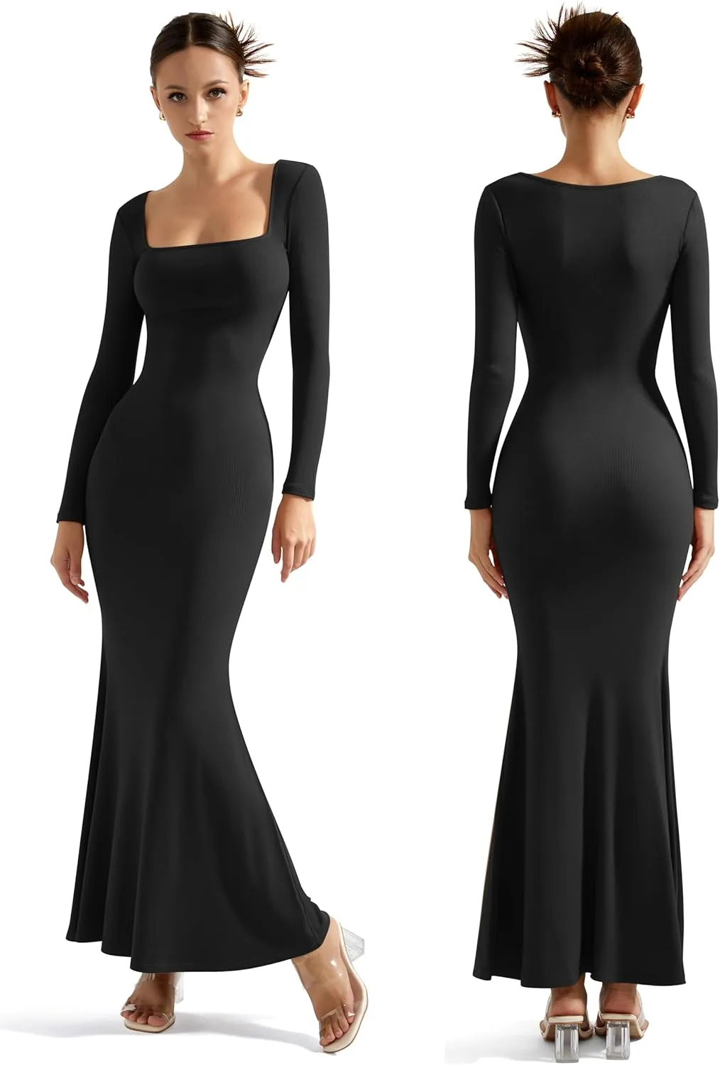 SUUKSESS Women Ribbed Maxi Long Sleeve Dress Square Neck Sexy Bodycon Dresses