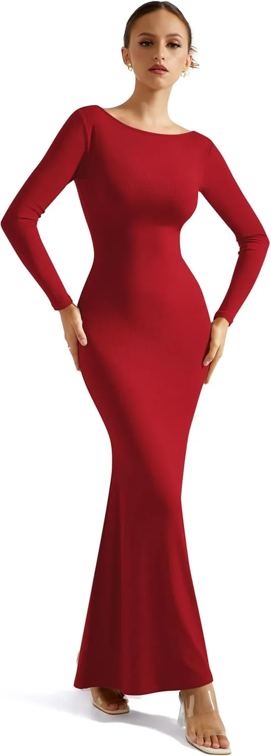 SUUKSESS Women Ribbed Maxi Long Sleeve Dress Square Neck Sexy Bodycon Dresses