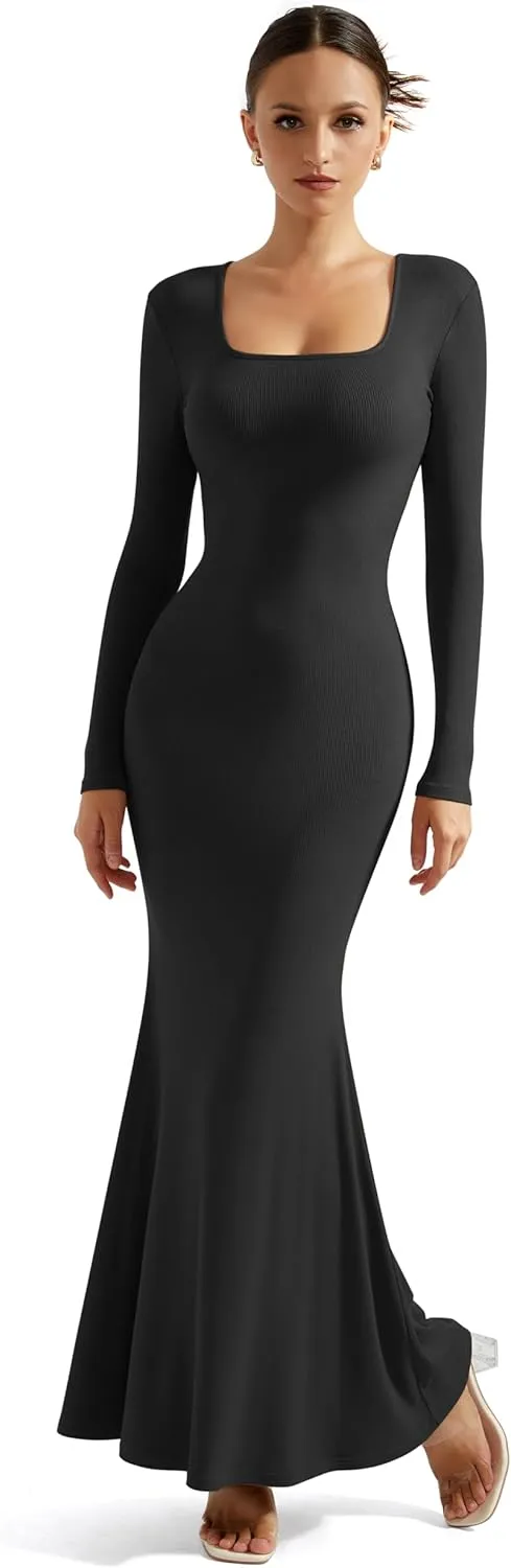 SUUKSESS Women Ribbed Maxi Long Sleeve Dress Square Neck Sexy Bodycon Dresses