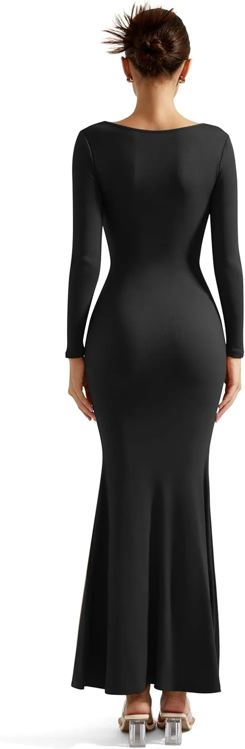 SUUKSESS Women Ribbed Maxi Long Sleeve Dress Square Neck Sexy Bodycon Dresses
