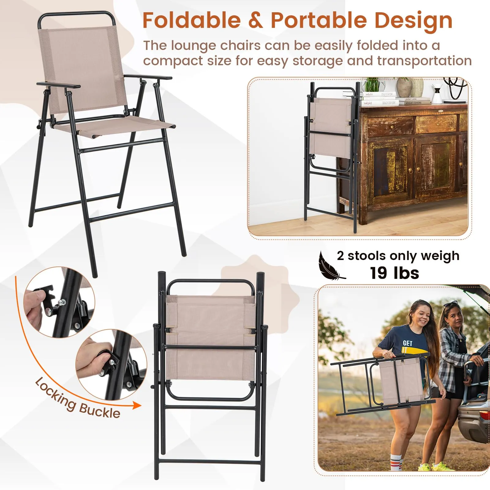 TAGNKULA Outdoor Folding Bar Stool Set of 2/4, Patio Dining Chairs, Outdoor Bar-Height Stools w/Armrests