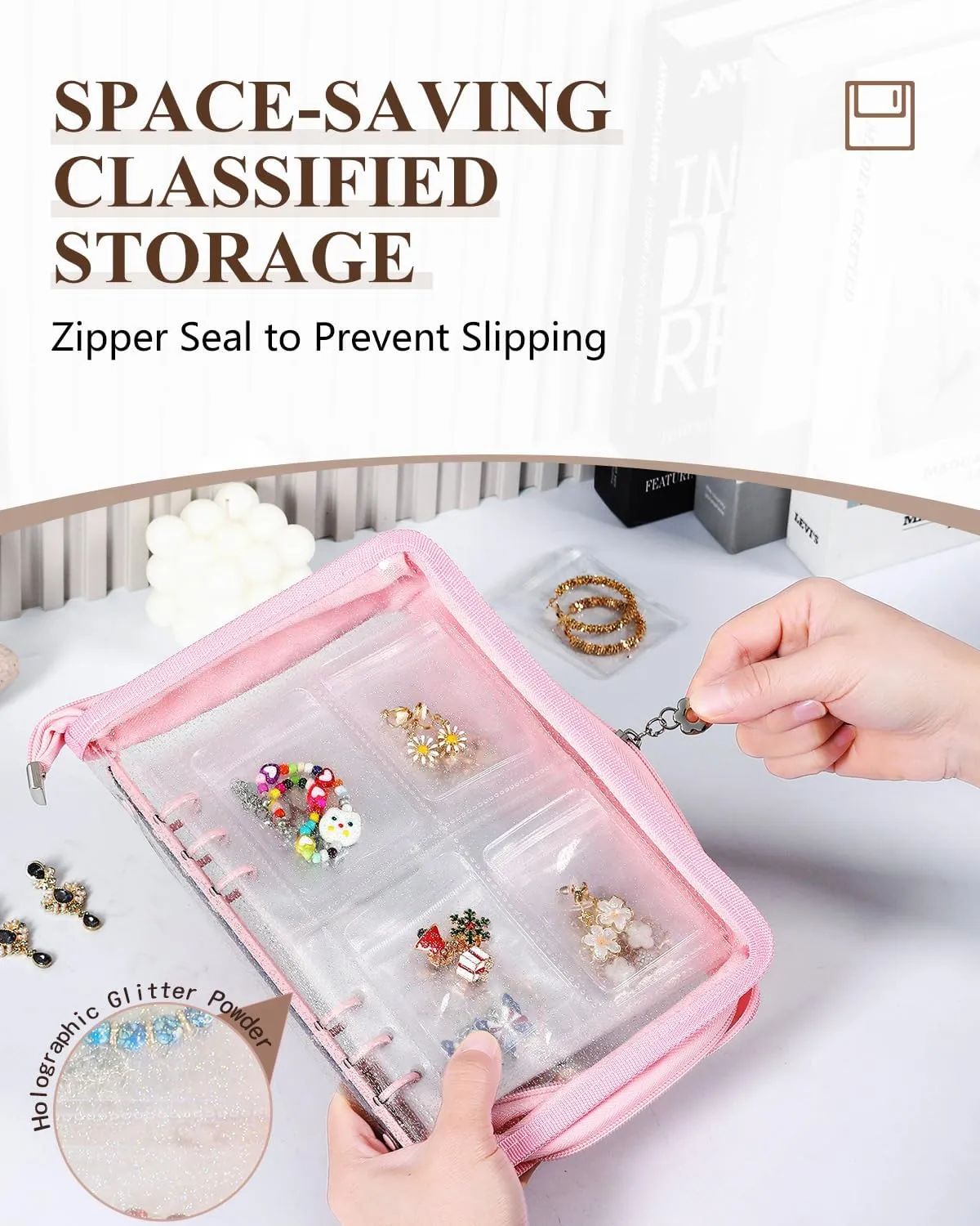 Travel Earring Organizer Book Clear Jewellry Storage Book Transparent Jewelry Case for Necklaces, Earrings, Rings (Pink, 80-Piece Clear Earring Bags)