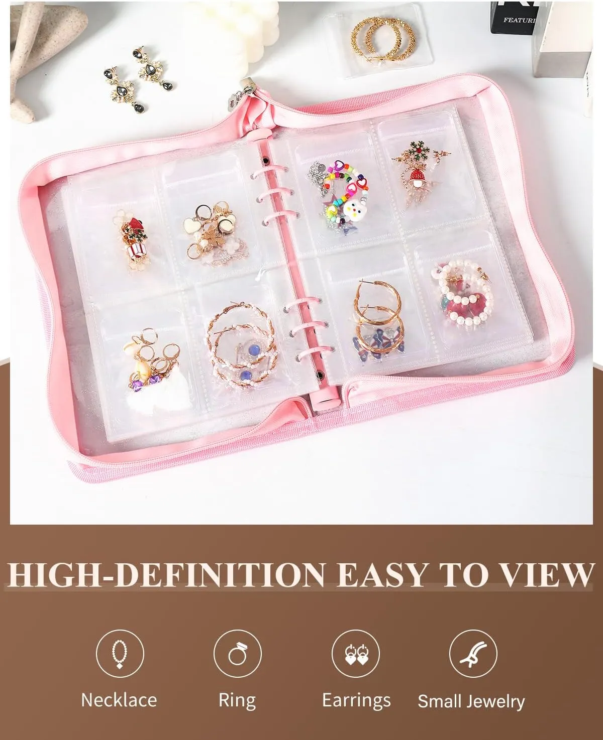 Travel Earring Organizer Book Clear Jewellry Storage Book Transparent Jewelry Case for Necklaces, Earrings, Rings (Pink, 80-Piece Clear Earring Bags)
